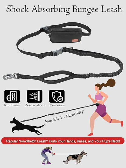 Hands Free Dog Leash with Zipper Pouch & Waist Belt – Reflective Durable Bungee Leash with Dual Padded Handles for Walking, Jogging & Running, Fits Small to Large Dogs (Black)