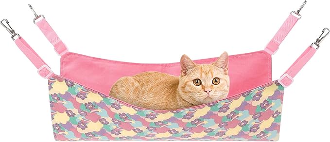 Petmolico Cat Hanging Hammock Bed, Pet Cage Hammock Adjustable Strap and Reversible Double-Sided Hammock for Cats/Kitten/Puppy/Small Dogs/Other Small Animals, Pink Bear, Small