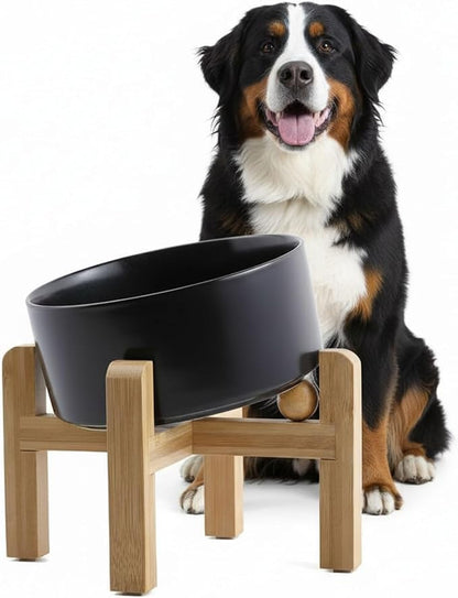 hjn Elevated Ceramic Dog Bowl 15°Slanted Raised Dog Bowl with Bamboo Stand for Small Medium Dogs and Cats, Pet Feeder -7.6-Cup (1800ml)-Black