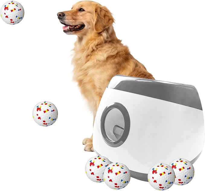Automatic Dog Ball Launcher with 6pcs 2.5Inch ETPU Balls, White, Adjustable Distance 20-45ft, USB Rechargeable, Interactive Pet Toy-Blue (Grey-XL)