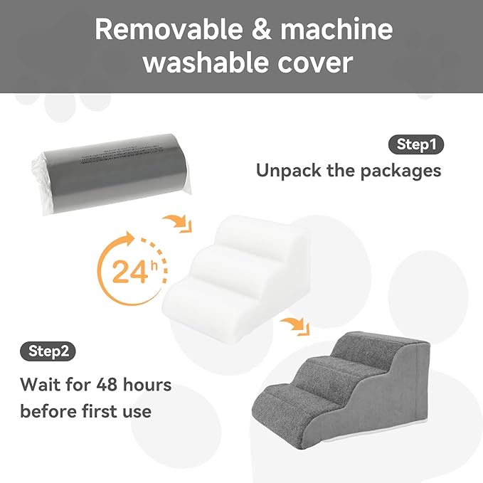 3-Step Sturdy Foam Dog Stairs with PE Support Board, Cover Removable, Pet Steps for Small to Medium Dogs & Cats, 13''H Dog Step for Sofa, Chair, or Stairs