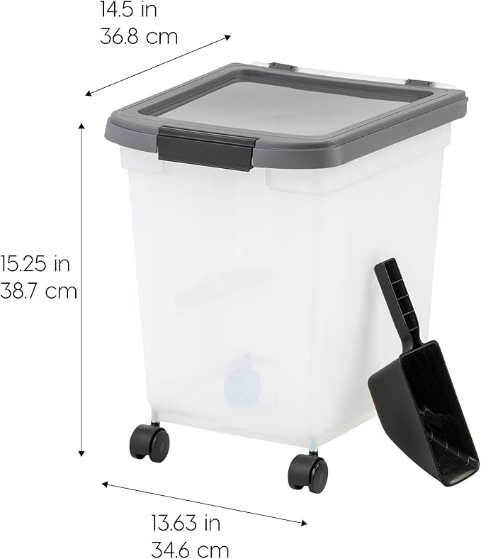 IRIS USA Airtight Dog Food Storage Container 25 lbs, Removable Wheels, for Dog Cat Bird and Other Pets, Food Storage Bin, Keep Fresh, Made in USA, Clear/Dark Gray