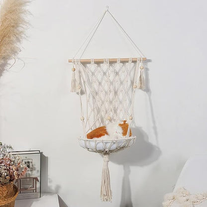 Macrame Cat Hammock - Handwoven Hanging Bed Swing for Small & Large Indoor Cats - Boho Wall Decor
