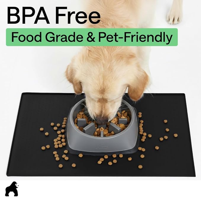 GORILLA GRIP 100% Waterproof Raised Edge BPA Free Silicone Pet Feeding Mat, Dog Cat Food Mats Contain Spills Protects Floors, Placemats for Cats and Dogs Water Bowl, Pets Accessories 16x10, Black