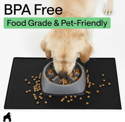GORILLA GRIP 100% Waterproof Raised Edge BPA Free Silicone Pet Feeding Mat, Dog Cat Food Mats Contain Spills Protects Floors, Placemats for Cats and Dogs Water Bowl, Pets Accessories 23x15 Black