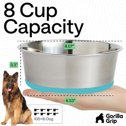 GORILLA GRIP Dog Bowls, Food Grade 304 Stainless Steel Holds 8 Cups Each (64 fl oz) Food and Water Bowl for Feeding Dogs and Cats Dishwasher Safe Rust Resistant BPA Free Rubber Base Set of 2 Turquoise