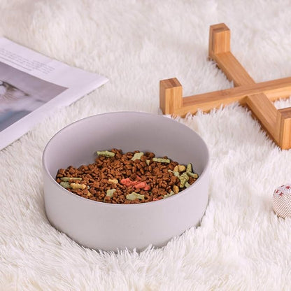 Ceramic Dog Bowl with Bamboo Stand - Large Dog Dish for Food and Water - Heavy Weighted, No Tip Over - 8.4" Diameter - Grey