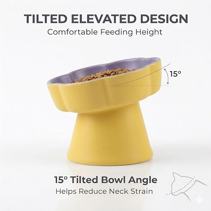 Ceramic Elevated Slow Feeder Cat Bowl, Raised and Gently Tilted Feeding Dish with Maze Design, Whisker-Friendly, Easy to Clean, for Indoor Cats and Small Dogs (Yellow/Purple)