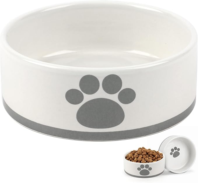 Ceramic Dog Bowl, 4.3" Round x 1.6" Tall, Small Dog Food and Water Bowls, White, Perfect for Dogs Up to 20 lbs, Microwave and Dishwasher Safe, Small Size