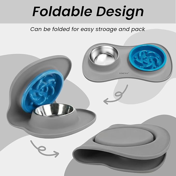 Slow Feeder Dog Bowls Stainless Steel Food and Water Bowl Set 3 in 1 No Spill Waterproof Silicone Pet Food Mat Puppy Feeding Station for Large Medium Small Breed Non Slip Metal Dish Tray by YINEYA
