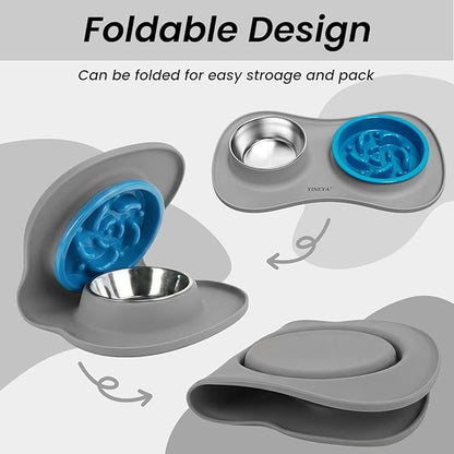 Slow Feeder Dog Bowls Stainless Steel Food and Water Bowl Set 3 in 1 No Spill Waterproof Silicone Pet Food Mat Puppy Feeding Station for Large Medium Small Breed Non Slip Metal Dish Tray by YINEYA