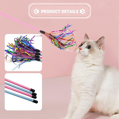 Cat Toy Wand 2PCS Interactive Cat Feather Toy Cat Teaser with Sound Paper Tassels and Soft Line Tube(Pink+Blue)