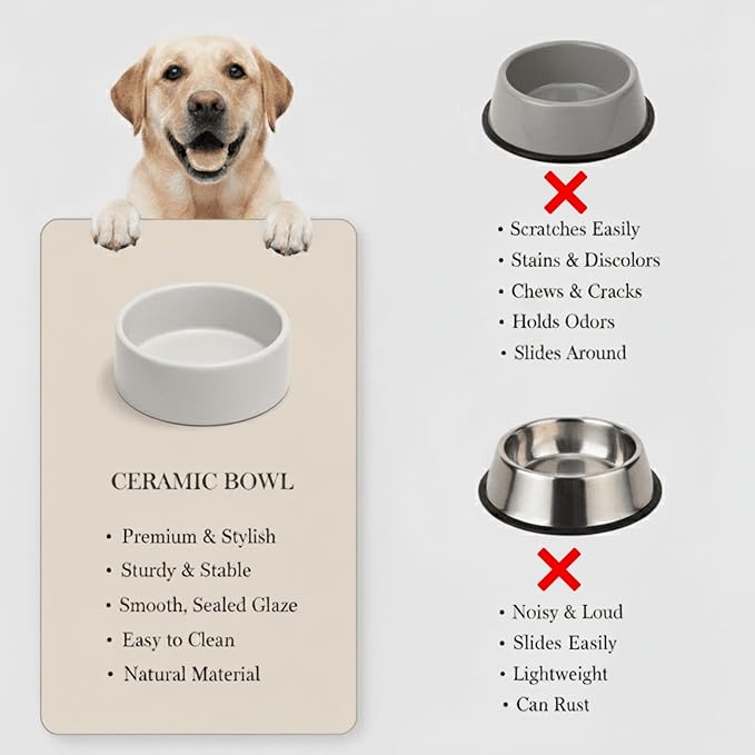 Ceramic Dog and Cat Bowl Modern Cute Weighted Food and Water Bowl Matte Glaze Pet Bowl for Replacement (Gray, 60.8 OZ)
