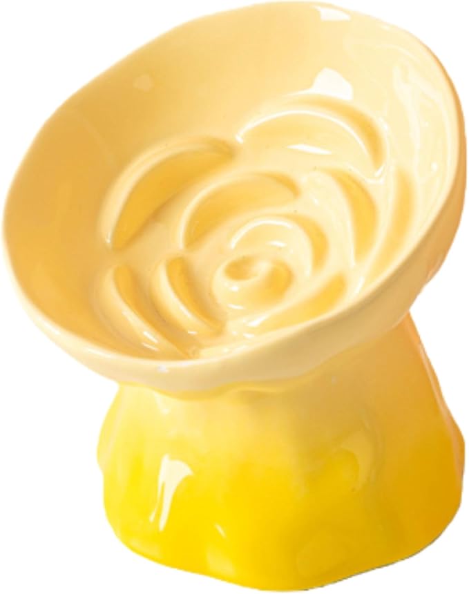 Elevated Ceramic Cat Bowl, Tilted Slow Feeder Pet Dish with Gradient Color Coating, 3.3 Ounces Capacity, Anti-Gulping Design with Rose Bouquet Design (Gradient Yellow)