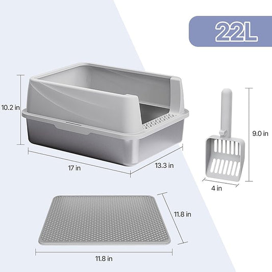 Henkelion Stainless Steel Cat Litter Box with Lid, Extra Large Litter Box for Big Cats with High Sided, Non-Sticky, Anti-Urine Leakage, Easy Cleaning, Include Cat Mat and Scoop with Holder (S)