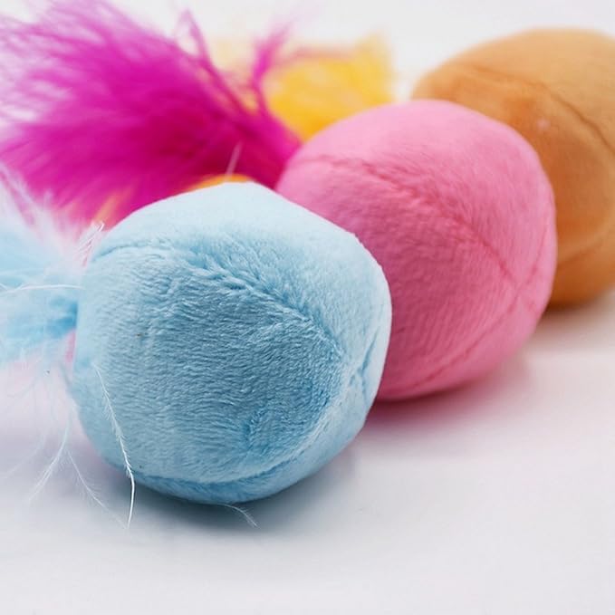 Furry Rattle Ball Cat Toy with Feather and Catnip - Interactive Pom Pom Balls for Cats, Soft and Lightweight, 2 Inch, 6 Pack.
