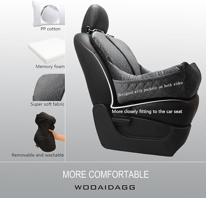 WOOAIDAGG Dog Car Seat,Fully Detachable and Washable Cover,Easy to Assemble,Comfy Cushion Fill in Memory Foam,2 Clip-On Safety Leashes and Storage Pockets (Grey)