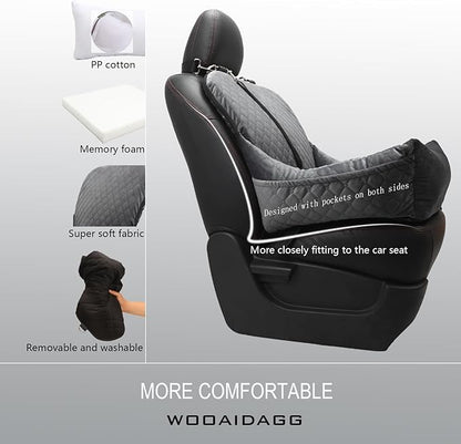 WOOAIDAGG Dog Car Seat,Fully Detachable and Washable Cover,Easy to Assemble,Comfy Cushion Fill in Memory Foam,2 Clip-On Safety Leashes and Storage Pockets (Grey)