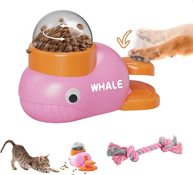 Whale Interactive Dog Treat Dispenser – Press Tail to Release Snacks, Puzzle Slow Feeder Toy for Dogs with Bonus Chew Rope Toy, Fun Training Game & Mental Enrichment, Easy to Clean and Refill (Pink)