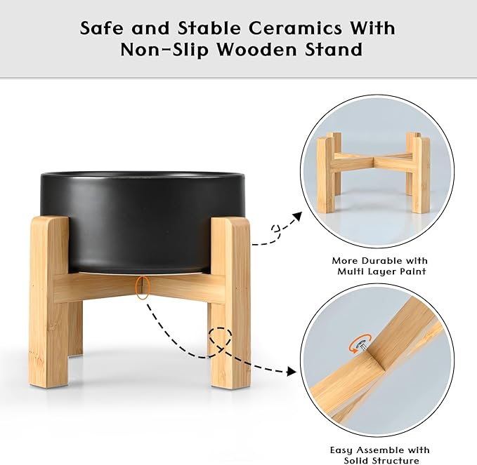 SPUNKYJUNKY Ceramic Elevated Dog Bowls 2 Pack - 8.3inch Raised Dog Bowls with Non-Slip Wooden Stand for Large Dogs Dishwasher Safe(Black,60OZ*2)