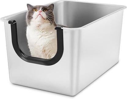 Yangbaga Extra Large Stainless Steel Litter Box, Leak Proof 12 Inches High Sides for Urine & Litter Trapping, Corner Litter Box for Kittens, Older Cats,Non-Stick,Non-Slip,No Sharp Edges
