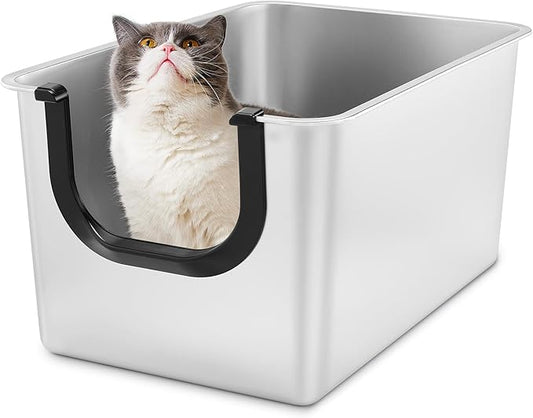 Yangbaga Extra Large Stainless Steel Litter Box, Leak Proof 12 Inches High Sides for Urine & Litter Trapping, Corner Litter Box for Kittens, Older Cats,Non-Stick,Non-Slip,No Sharp Edges