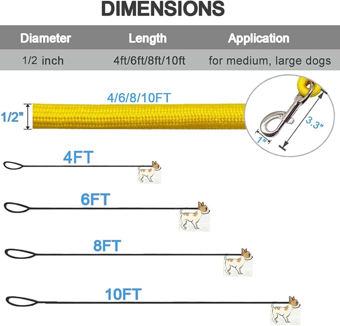 MayPaw 4/6 /8/10 FT Dog Leash, Classic Solid Colors, Strong Nylon Rope Dog Leash Reinforced with Leather Tailor Connection Heavy Duty Silver Clasp (Yellow, 4ft*1/2")