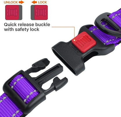 Taglory Reflective Dog Collar with Safety Locking Buckle, Soft Neoprene Padded Dog Collar for Extra Large Dogs, Metal D-Ring, Adjustable Nylon Neck Strap for Walking, Training & Running, Purple, XL