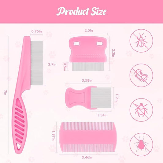 6-Pack Flea Comb for Dogs and Cats, Fine & Wide Tooth Stainless Steel Lice Comb, Tick Removal Tool, Tear Stain Remover, Dematting Brush - Professional Pet Grooming Kit for All Types of Pets