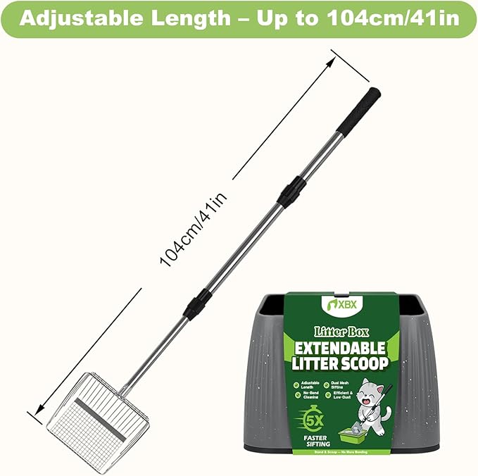 XBX Long Handle Cat Litter Scoop with Holder, Adjustable Extendable Metal Litter Scooper, Stainless Steel Shovel Sifter for Litter Box Cleaning, Durable Cat Pooper Scooper for Home Use