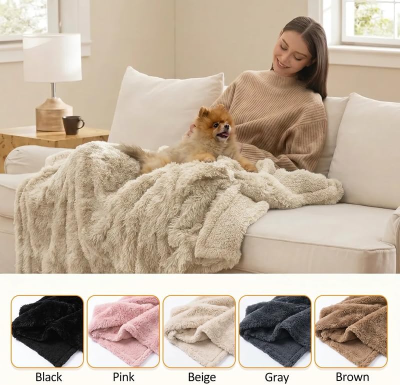 Pet Blankets Waterproof Fluffy Fleece Blanket Cat Dog Blankets Liquid Pee Proof Throw Blanket Reversible Furniture Protector Cover Washable for Couches Beds Sofa,65"x57" Beige - Image 2