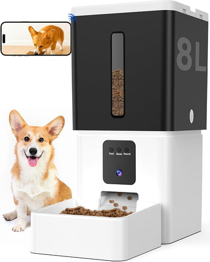 UTCG Automatic Dog Feeder with Camera: 8L/33 Cups 5G WiFi Timed Food Dispenser for Medium Dogs - 1080P HD Night Vision Video Recording 2-Way Audio APP Control