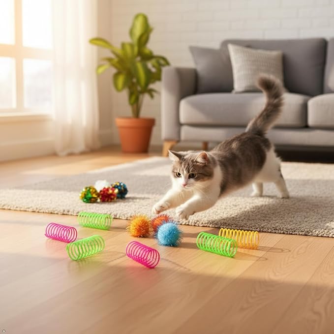 LASOCUHOO Cat Toys, 30 Packs Interactive Cat Toy Pack Including Cat Crinkle Balls, Cat Sparkle Balls, Spiral Springs for Kitten （Random Color）