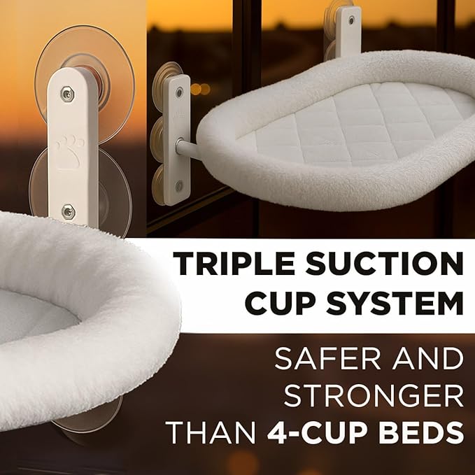Cat Window Perch – Strong 6 Suction Cup Foldable Cat Hammock Bed for Large Cats and Kittens that Holds up to 50 lbs with Washable Reversible Cover, Sturdy Metal Frame for Window (White)