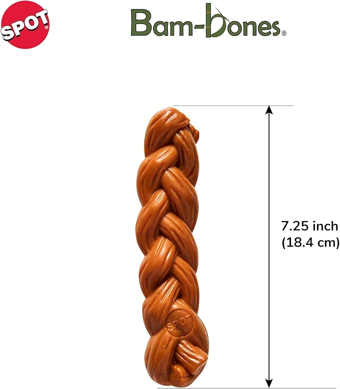SPOT Bam-Bones Braided Stick - Made with Strong Bamboo Fiber, Durable Long Lasting Dog Chew Toy for Light to Moderate Chewers, for Dogs & Teething Puppies Under 40lbs, 7.25in, Hickory Smoke Flavor