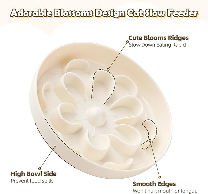 Melamine Slow Feeder Cat Bowl - Cute Blossom Maze Cat Dish - Fun Interactive Plate for Dry & Wet Food - Whisker Friendly - Dishwasher Safe - 6.3''W x 1.1''H