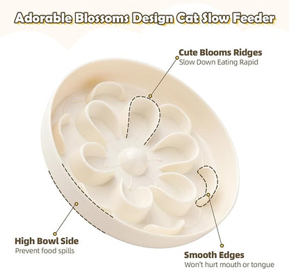 Melamine Slow Feeder Cat Bowl - Cute Blossom Maze Cat Dish - Fun Interactive Plate for Dry & Wet Food - Whisker Friendly - Dishwasher Safe - 6.3''W x 1.1''H