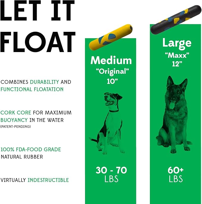 Goughnuts Medium Water Stick – Floating Dog Toys for Water Fetch, Interactive Heavy Duty Dog Pool Toy for Aggressive Chewers, Natural Reinforced Rubber Float, USA Made, 30-70 lbs Dogs