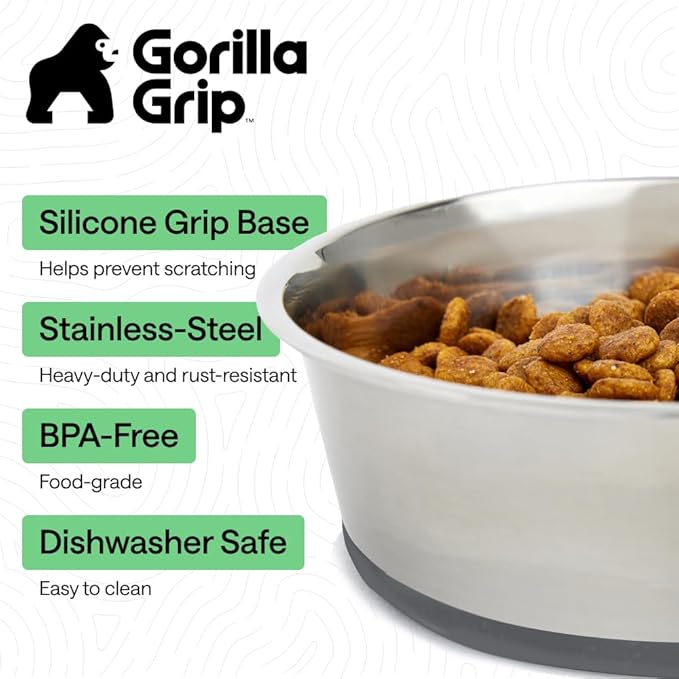 GORILLA GRIP Dog Bowls, Food Grade 304 Stainless Steel, Holds 6 Cups Each (48 fl oz) Food and Water Bowl for Feeding Dogs and Cats, Dishwasher Safe, Rust Resistant, BPA Free Rubber Base Set of 2 Gray