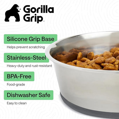 GORILLA GRIP Dog Bowls, Food Grade 304 Stainless Steel, Holds 6 Cups Each (48 fl oz) Food and Water Bowl for Feeding Dogs and Cats, Dishwasher Safe, Rust Resistant, BPA Free Rubber Base Set of 2 Gray