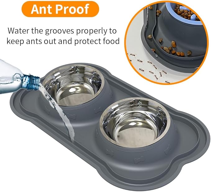 Dog Bowls Stainless Steel Slow Feeder Set with Silicone Mat-100% Waterproof BPA Free Cat and Dog Food Bowls No-Spill and Non-Skid-Pet Feeder Water Bowls for Puppy Medium Dogs Cats