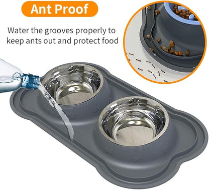 Dog Bowls Stainless Steel Slow Feeder Set with Silicone Mat-100% Waterproof BPA Free Cat and Dog Food Bowls No-Spill and Non-Skid-Pet Feeder Water Bowls for Puppy Medium Dogs Cats