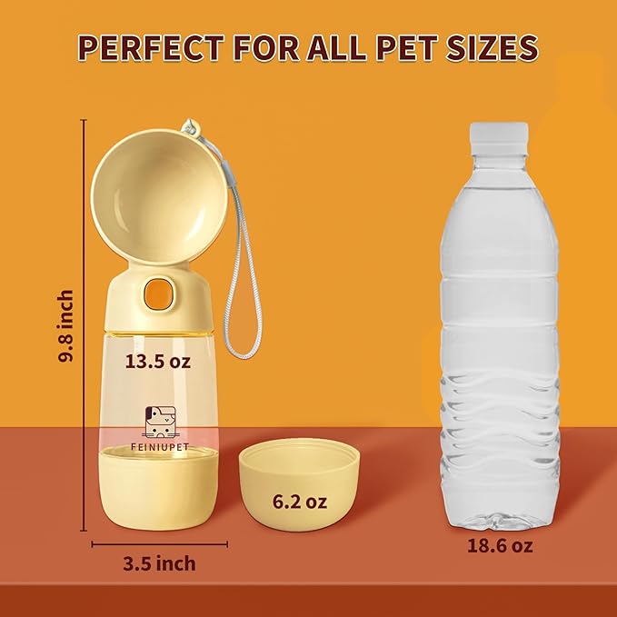 Dog Water Bottle with Food Container, 2-in-1 Cat & Small Dog Water Bottle Portable for Walking, Hiking, Travel - Yellow