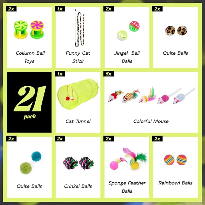 21 PCS Cat Toys Kitten Toys Set – Interactive Cat Tunnel with Feather Wand, Plush Mice, Crinkle Balls, Jingle Balls, Spring Toys – Indoor Play Set for Cats, Kittens, Rabbits, Puppies