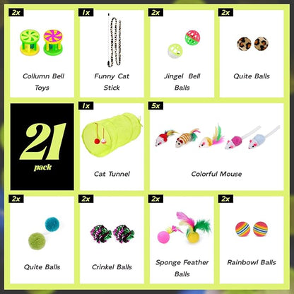 21 PCS Cat Toys Kitten Toys Set – Interactive Cat Tunnel with Feather Wand, Plush Mice, Crinkle Balls, Jingle Balls, Spring Toys – Indoor Play Set for Cats, Kittens, Rabbits, Puppies