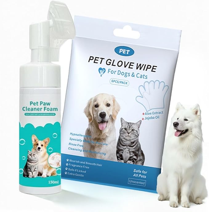 2-in-1 Pet Paw Cleaning Kit: No-Rinse Foam Cleaner & Pet Wipe Gloves, Foam Paw Scrubber for Dogs and Cats - Suitable for Small, Medium, Large Breeds, Puppies & Kittens with Dirty Paws