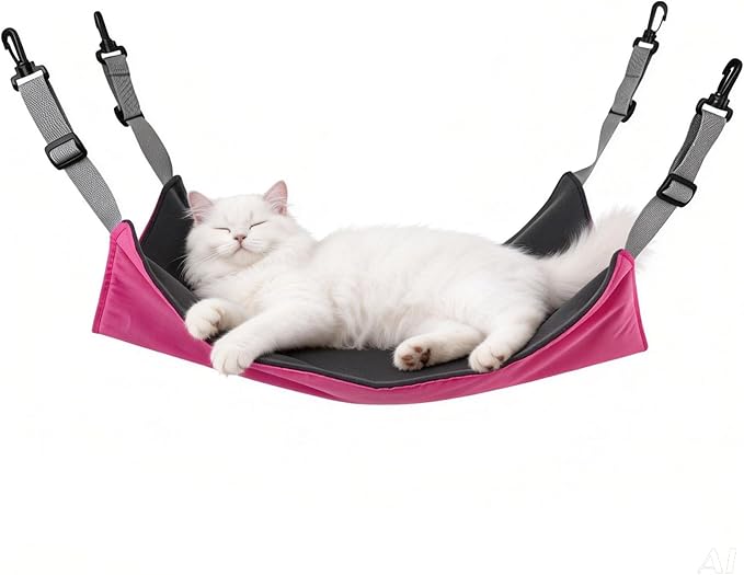 Adjustable Cage Hanging Cat Hammock, 4-Season 2-Sided Bed, Adjustable Waterproof Washable Cooling Mat for Large Kittens,Small Dogs & Rabbits (Rose Pink)
