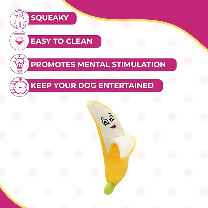 Glow Pups Banana Dog Toy with Squeaker, Cute Plush Chew Toy for Puppy, Helps with Anxiety and Boredom, Durable and Easy to Clean, 9" x 2.5", Whimsical Plush Style, Yellow