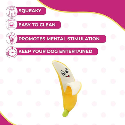 Glow Pups Banana Dog Toy with Squeaker, Cute Plush Chew Toy for Puppy, Helps with Anxiety and Boredom, Durable and Easy to Clean, 9" x 2.5", Whimsical Plush Style, Yellow
