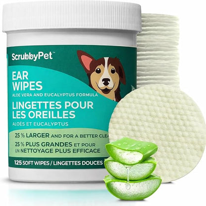 Dog Ear Wipes for Dogs | Extra Thick with Aloe Vera & Eucalyptus | 125 Count | Hypoallergenic Ear Cleaner for Dogs with Pearl Texture for Deeper Clean | Scrubby Pet
